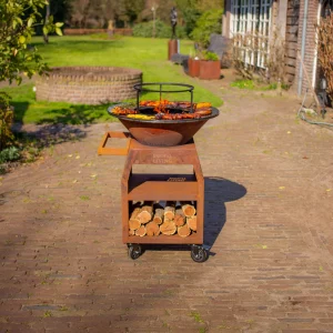 Maestro Ø70cm BBQ Plancha Grill Cortenstaal - Met Grote wielen en houtopslag